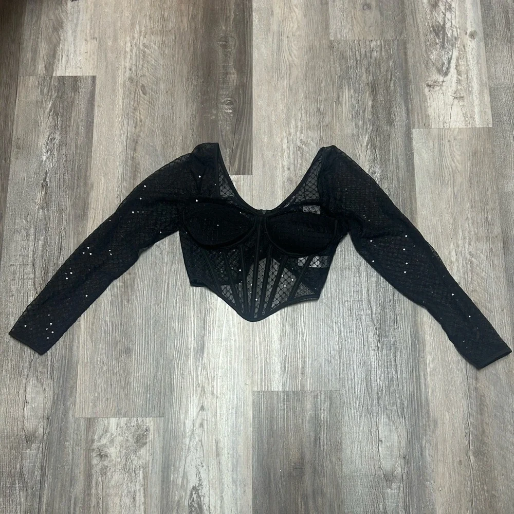 NWT Sincerely Jules Sheer Long Sleeve Black Bustier Size Large
